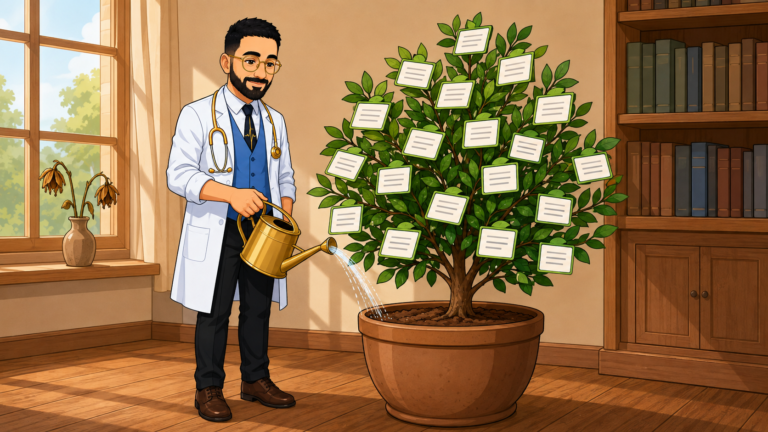دکتر کسب‌وکار درختی رو آب می‌ده که به‌جای برگ، کارت‌های محتوا روش سبز شده
