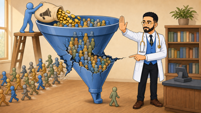 دکتر کسبوکار جلوی ریختن پول تبلیغات توی قیف ترکخورده رو میگیره و به خود ترک اشاره میکنه