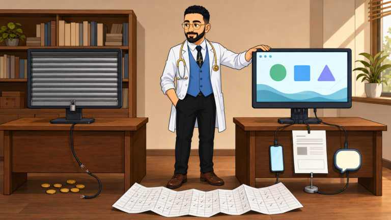یک CRM با کرکره‌ی بسته و کابل قطع‌شده کنار یک CRM که به پیامک و فاکتور و چت وصله و دکتر کسب‌وکار جدول امکانات رو زمین انداخته