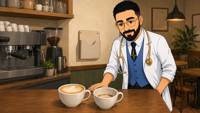 مشاور با روپوش سفید پشت پیشخوان کافه، دو فنجان قهوهی متفاوت رو با هم مقایسه میکنه