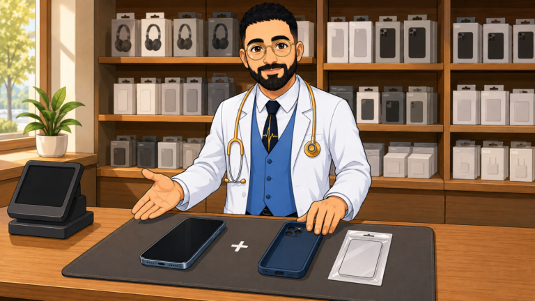 دکتر کسب‌وکار کنار یک گوشی روی پیشخوان، قاب و گلس مکمل رو هم می‌ذاره