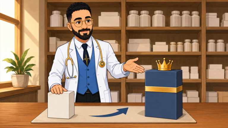 دکتر کسب‌وکار روی پیشخوان نسخه‌ی بهتر محصول رو با دست باز به مشتری پیشنهاد می‌ده
