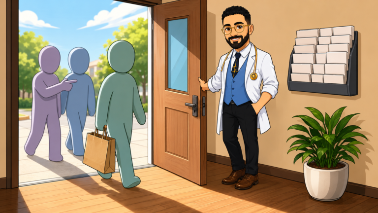 دکتر کسب‌وکار جلوی در، مشتری‌ای رو که دوباره برگشته خوش‌آمد می‌گه و دو نفر دیگه هم پشت سرش میان
