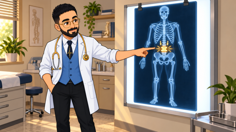 مشاور با روپوش سفید کنار نگاتوسکوپ، به یک مهرهی زیر فشار روی تصویر اسکلت اشاره میکنه