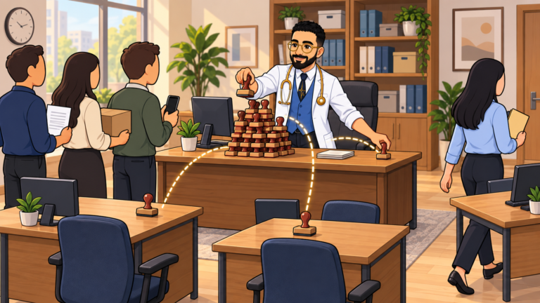 مشاور با روپوش سفید توی دفتر یک کسبوکار کوچک، مهرهای انباشته روی میز مدیر رو بین میزهای دیگه پخش میکنه