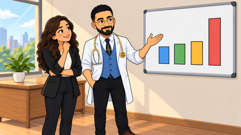 مشاور با روپوش سفید کنار یکی از اعضای تیم جلوی وایت‌برد ایستاده و به ستون این هفته توی نمودار چهار هفته اشاره می‌کنه
