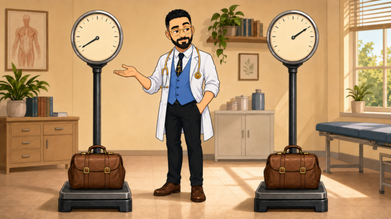 مشاور با روپوش سفید بین دو ترازوی یکسان با دو کیف یکسان، که عقربههاشون دو عدد متفاوت نشون میدن